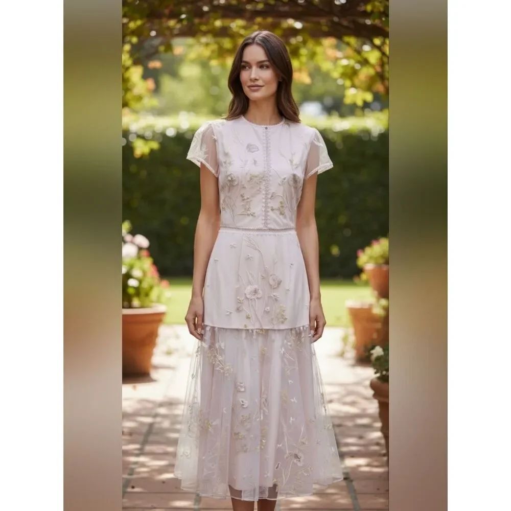 NWT ML Monique Lhuillier Pink Embroidered Drop Waist Midi Dress Size 4 Flaw